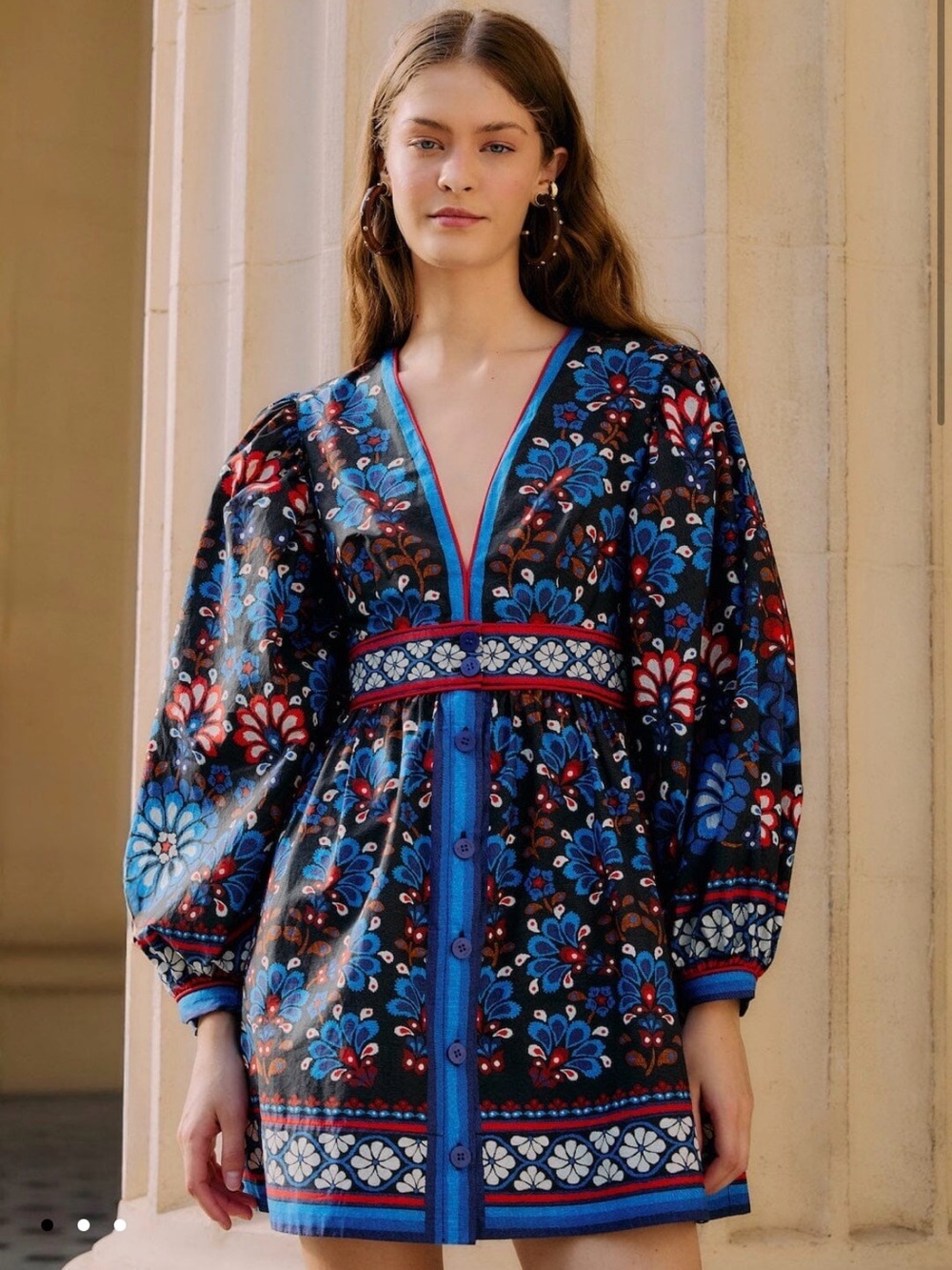 FARM Rio Black Blue Floral V-Neck Mini Dress